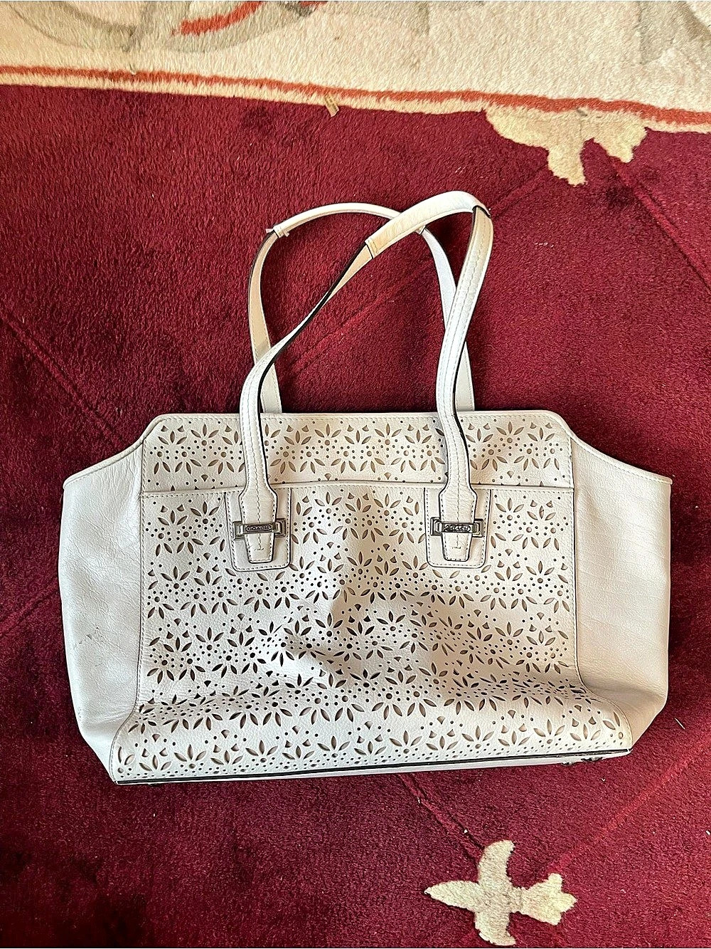 Coach Perforated Floral Tote in White